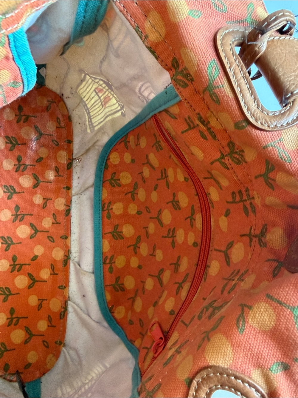 Fossil Key-per Canvas Tote Bag with Colorful Birdcage Print in Tan and Teal - Picture 6 of 9